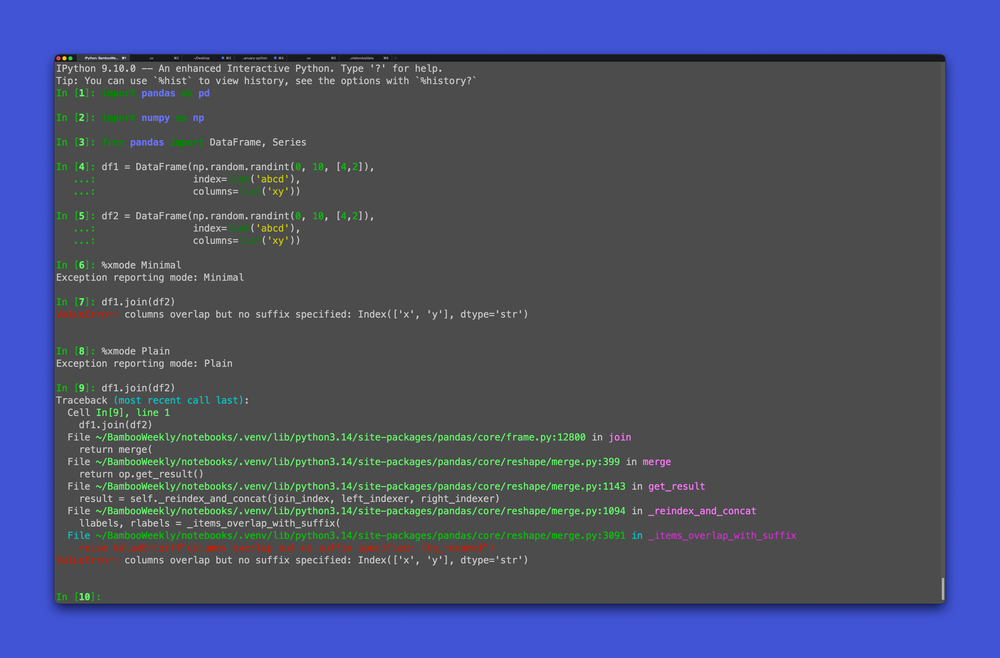 %xmode in IPython: Shortening long Python tracebacks