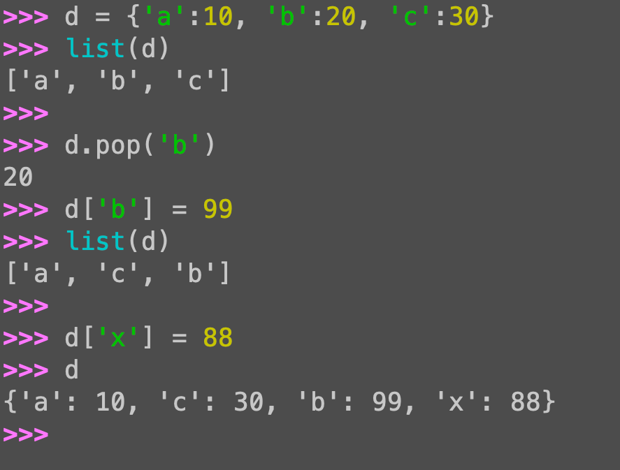 Python dict insertion order: What happens when you re-add a key