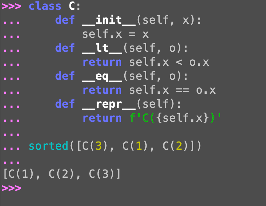 Sorting custom Python objects with __lt__ and __eq__