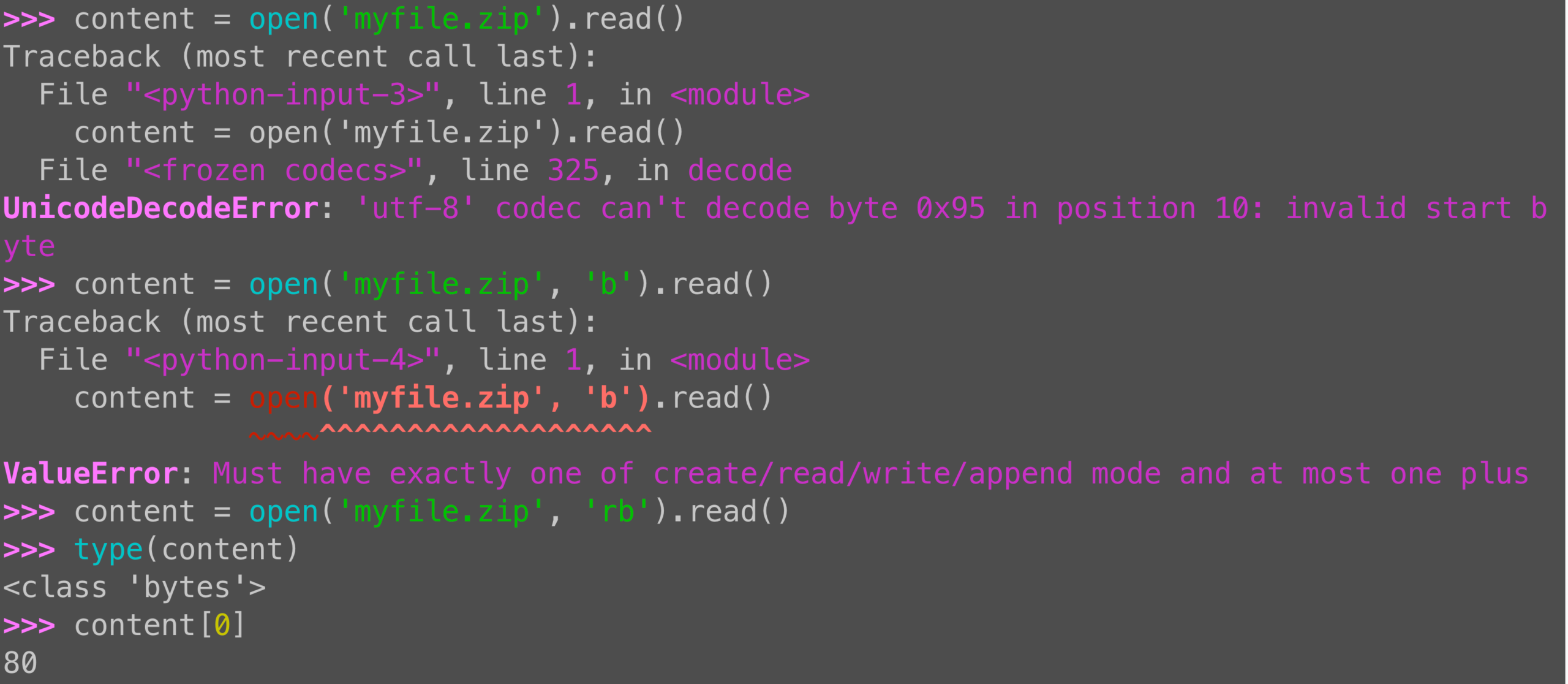 Reading binary files in Python: Use 'rb' mode to get bytes
