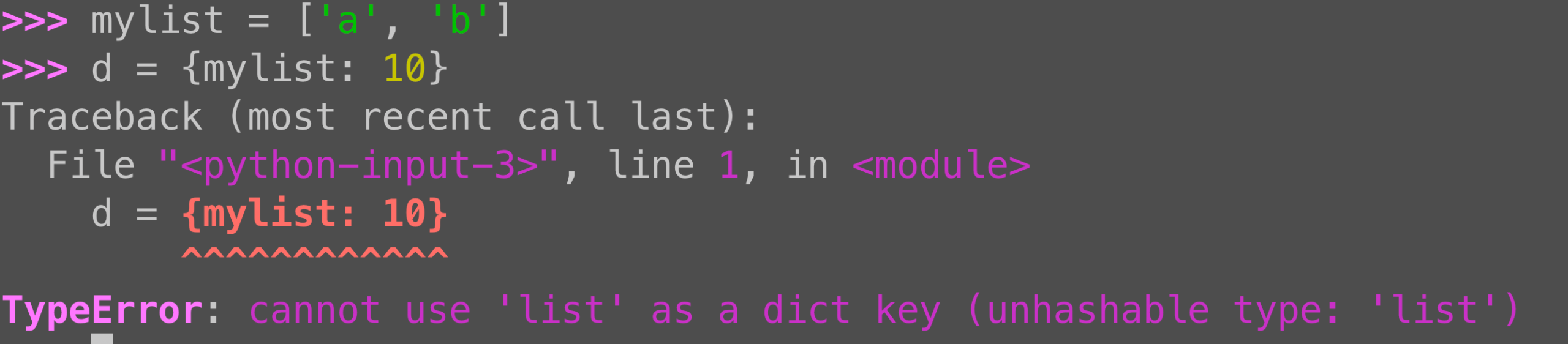 Python dict keys must be hashable: Why lists don't work