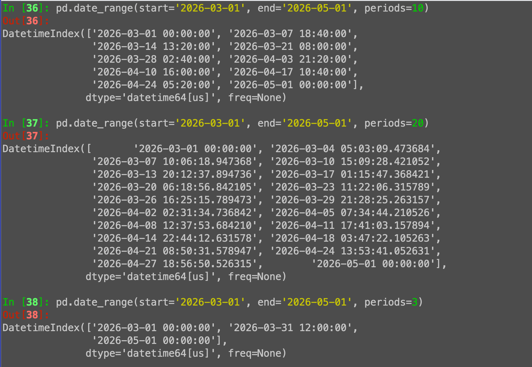 pd.date_range: Evenly spaced Pandas dates with periods