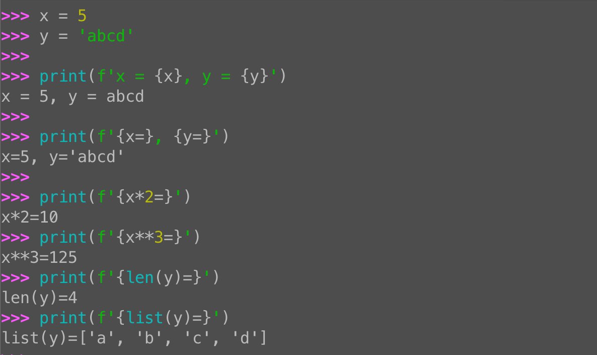 Python f-string debugging: Printing expressions with =