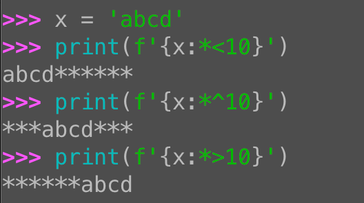 Python f-string format specifiers: Aligning and padding text