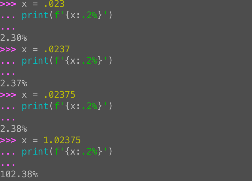 Python float to percentage: Format with % in an f-string