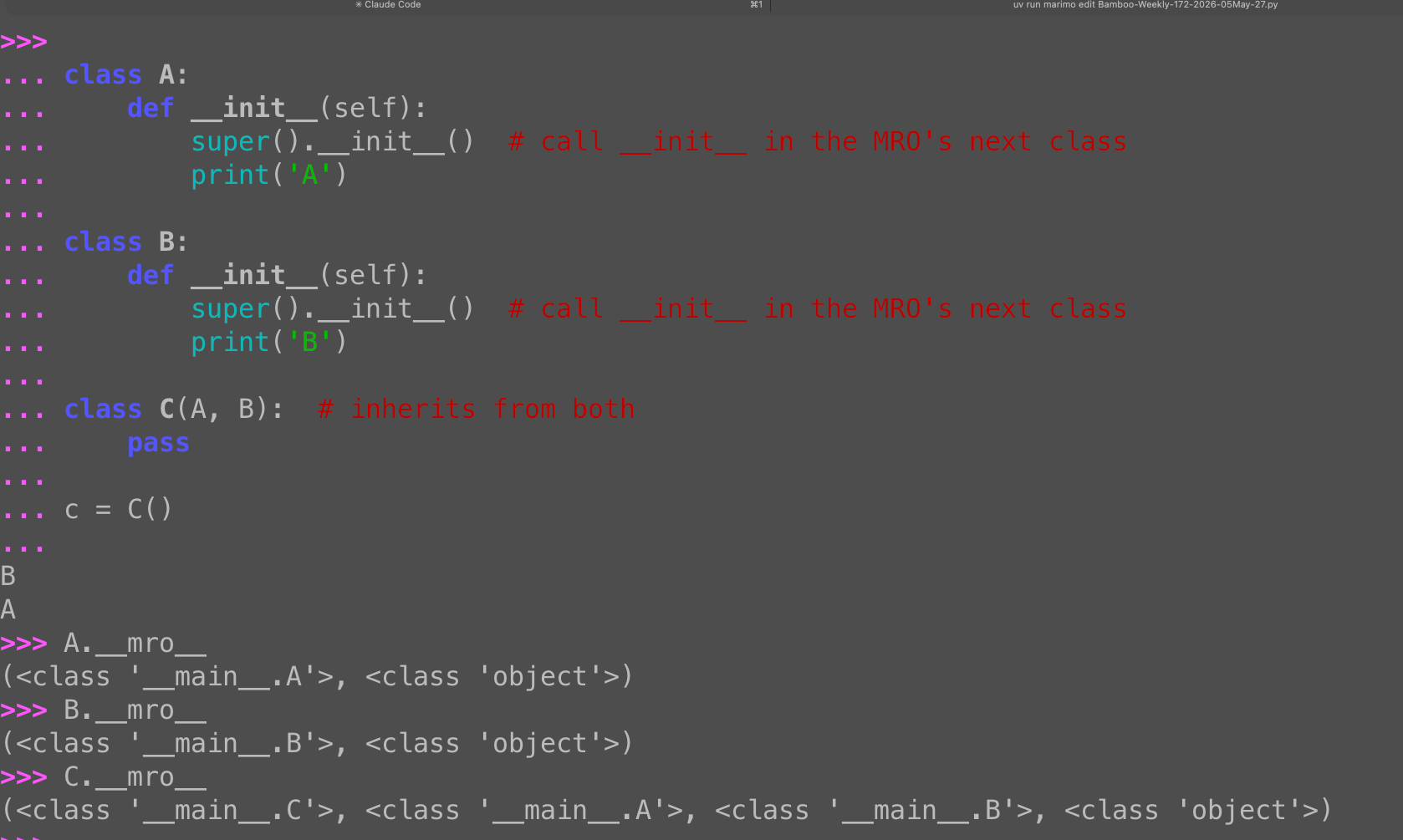 Python multiple inheritance: How super() follows the MRO