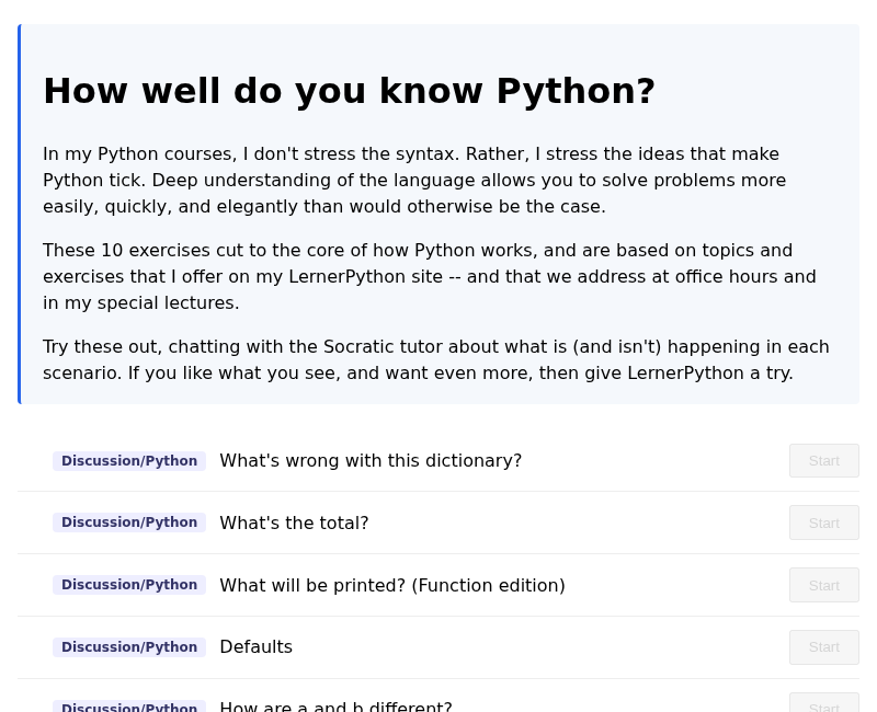 The How well do you know Python classroom, showing its list of discussion scenarios