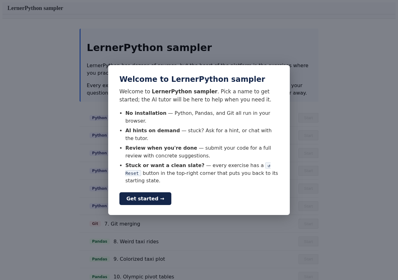 The LernerPython practice system with 10 exercises in Python, Git, and Pandas