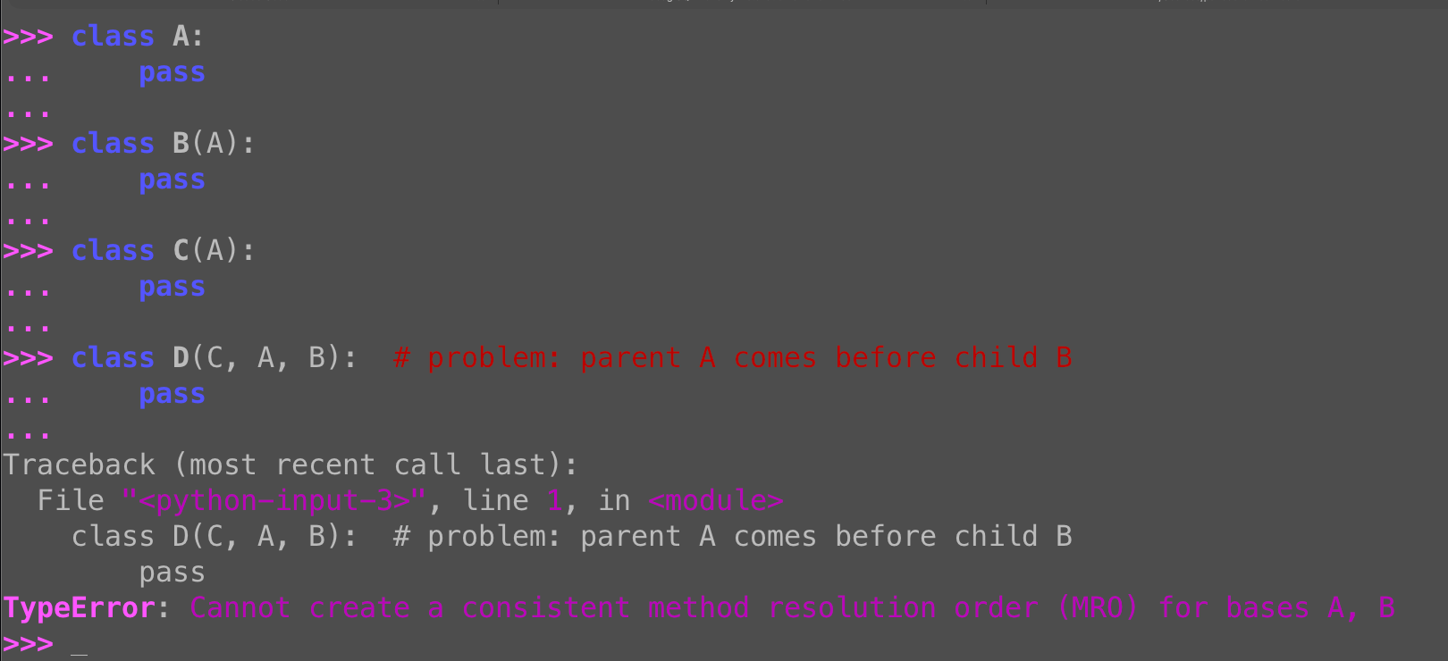 Python MRO errors: Why child classes must precede parents