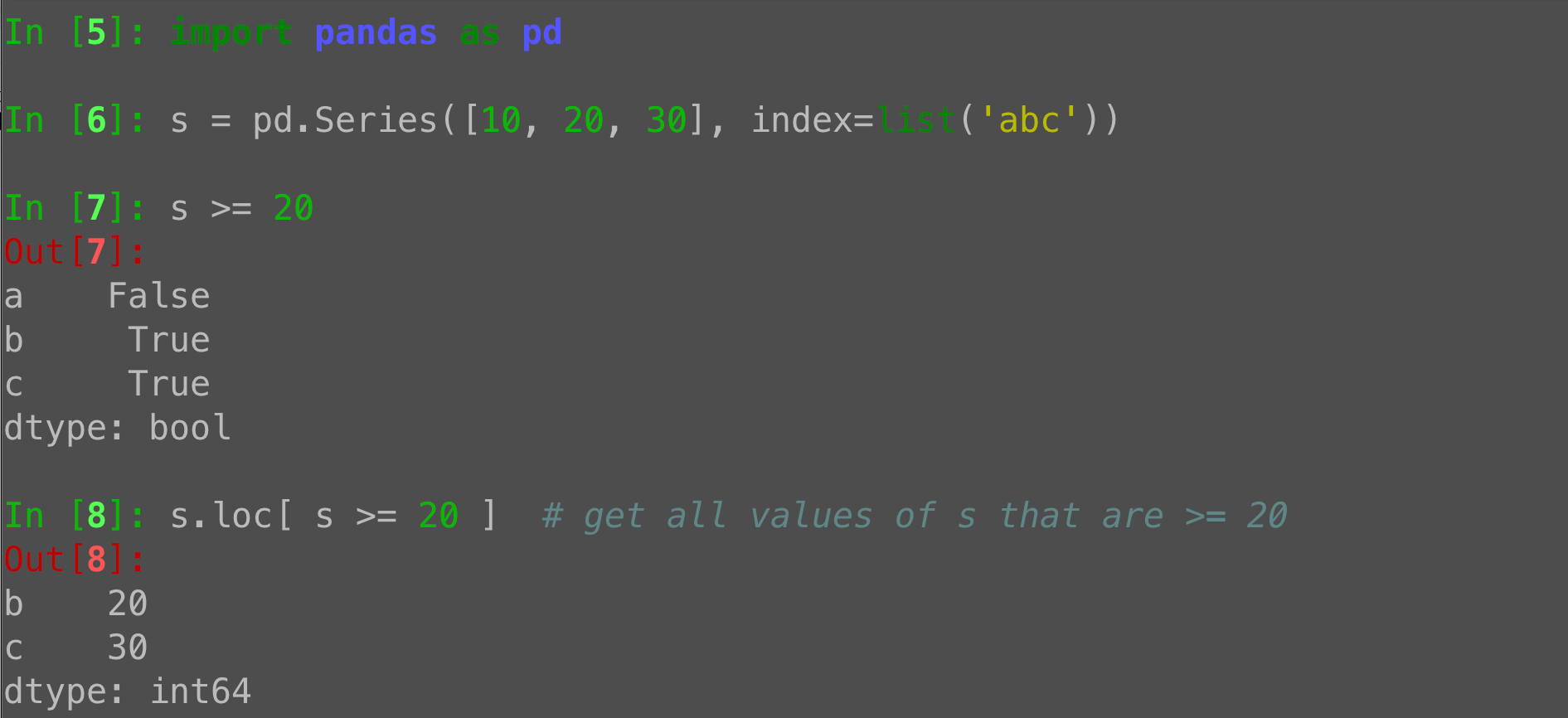 Pandas boolean indexing: Selecting series items with a mask