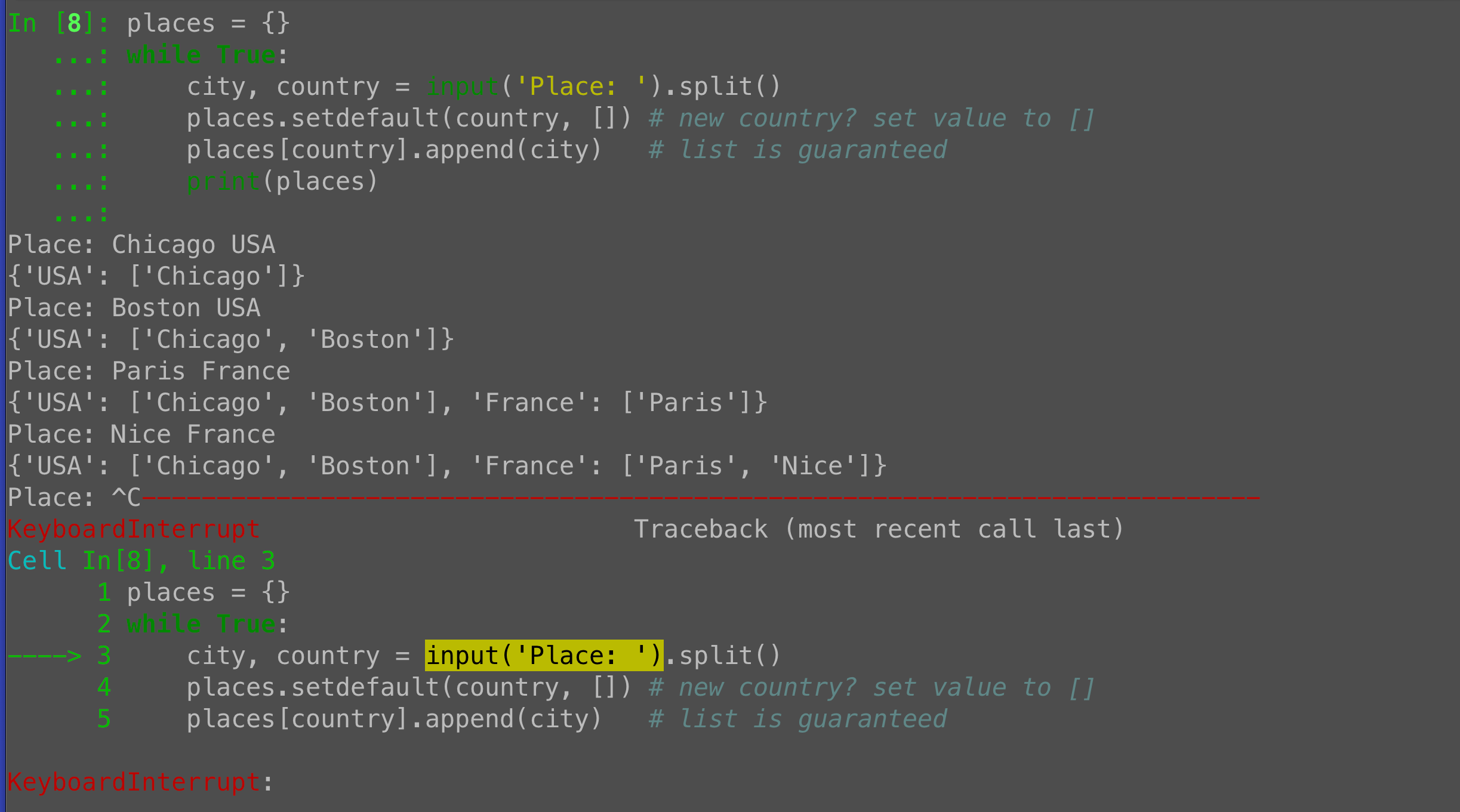 Python dicts of lists: Grouping values with setdefault