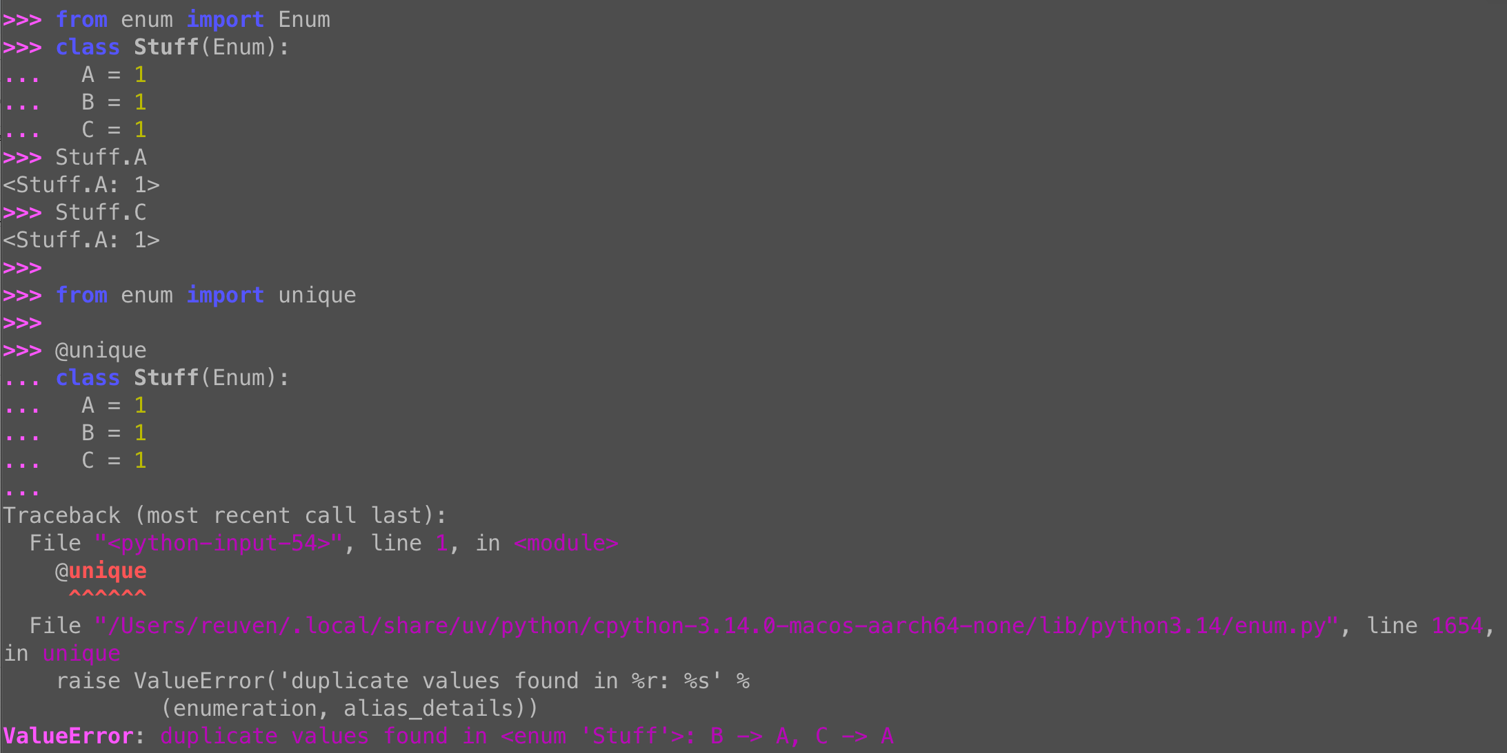 Python Enum duplicate values: Preventing aliases with @unique