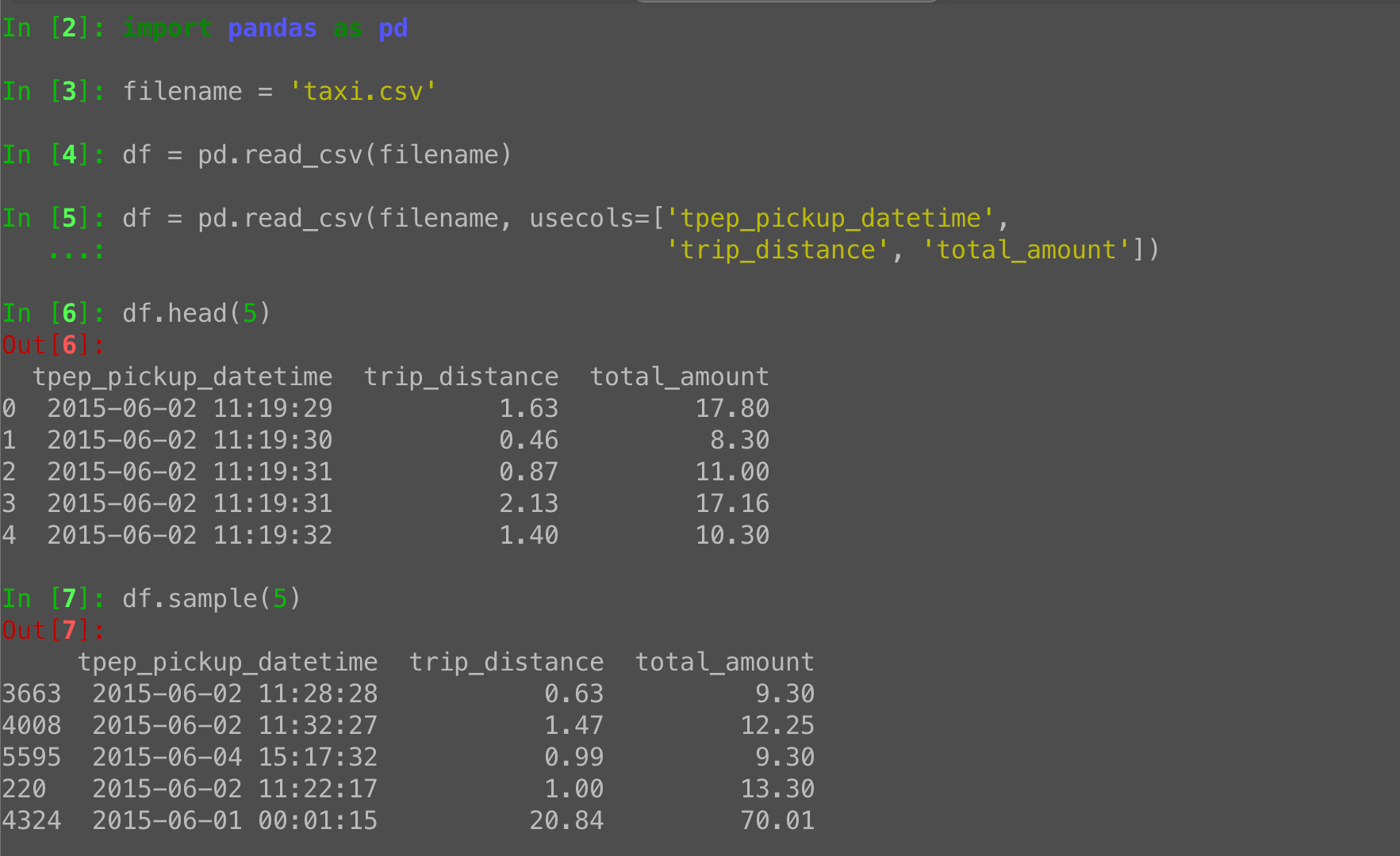 Pandas data frame preview: df.head and df.sample