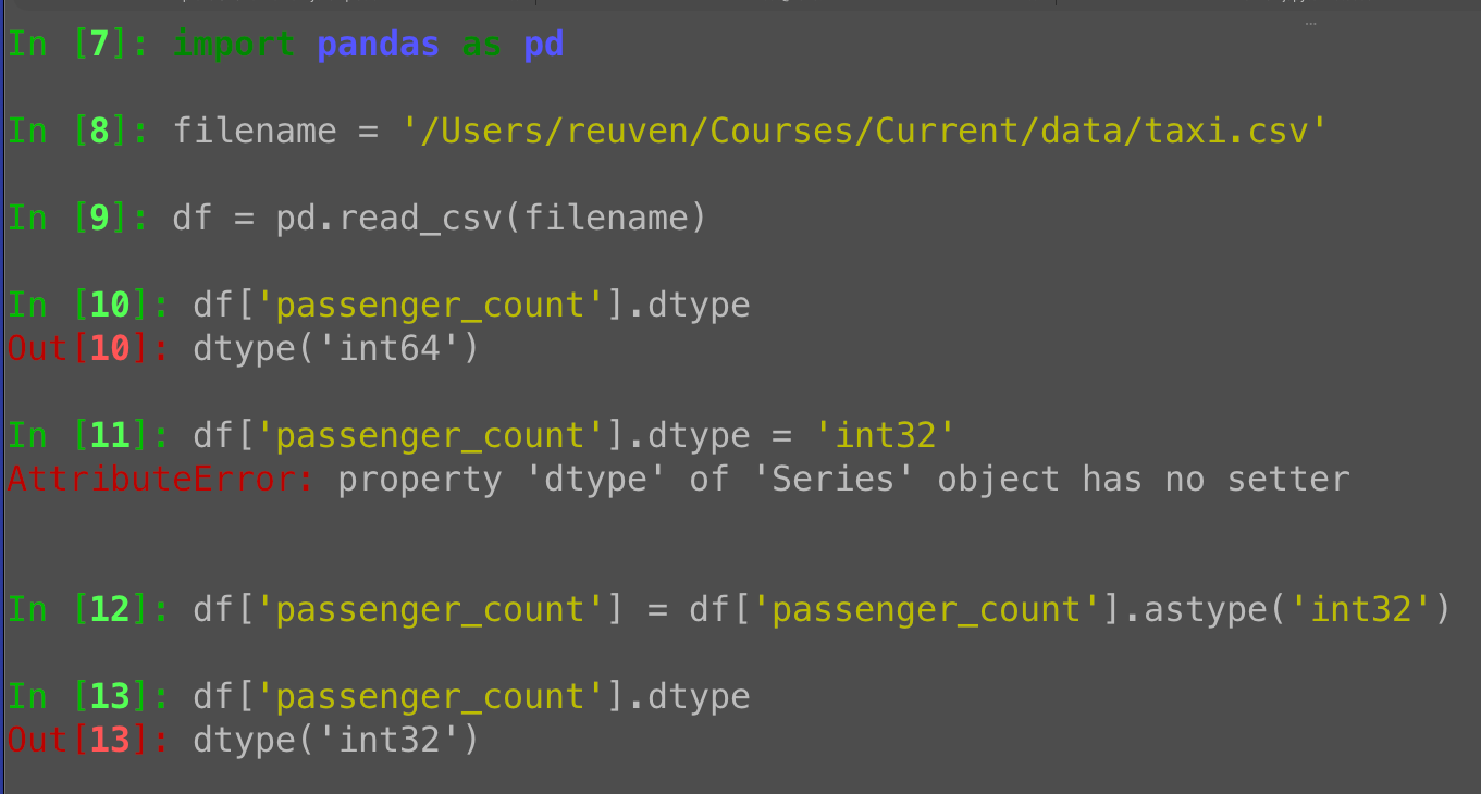 Changing a Pandas column dtype: Use astype, not assignment