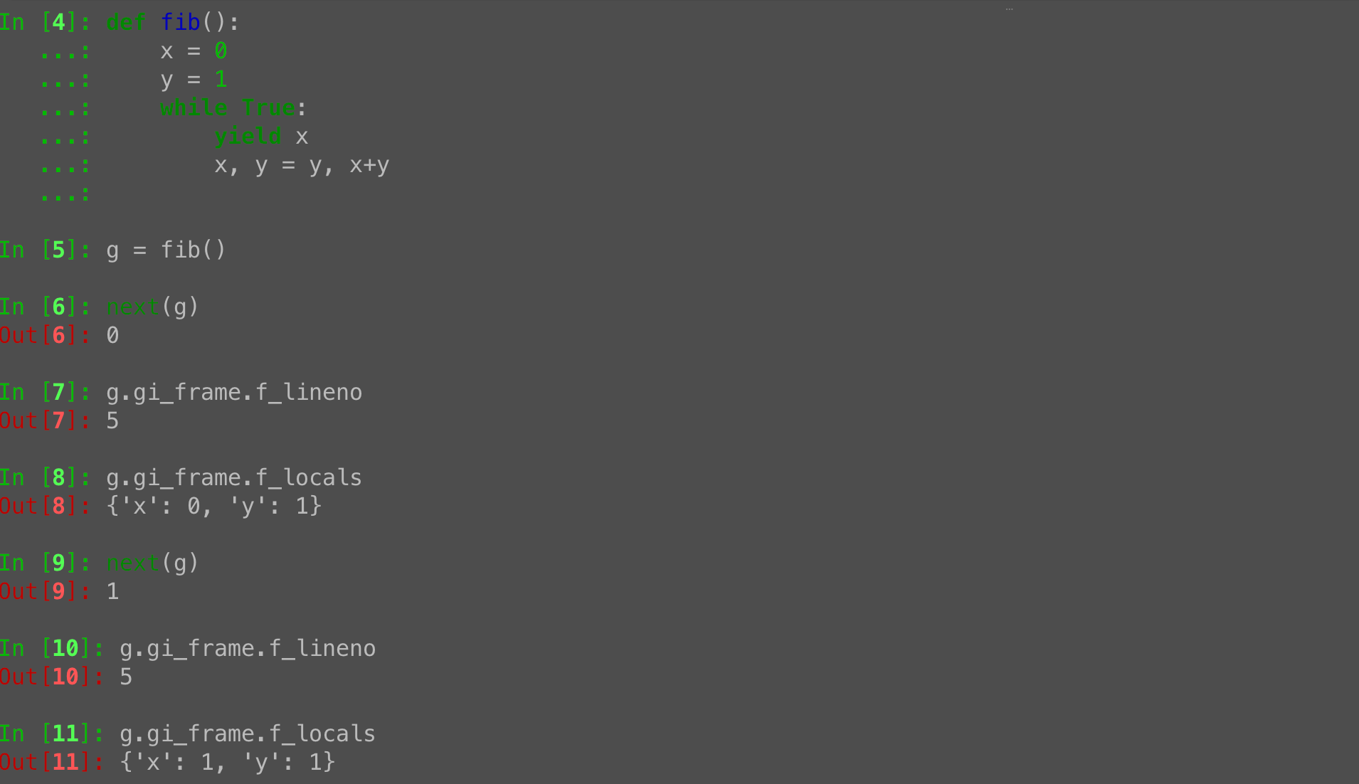Python generator frames: Inspecting locals with gi_frame