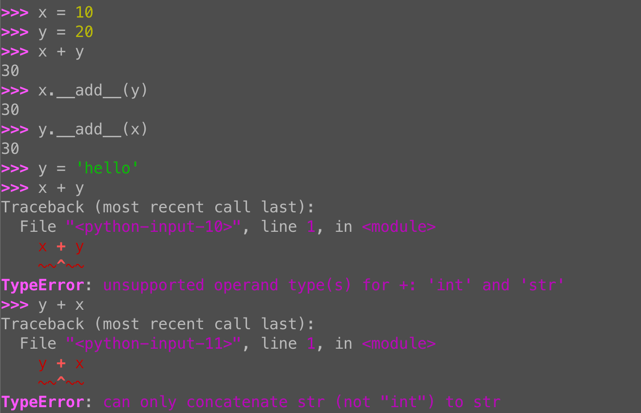 Python operator overloading: Why x + y and y + x give different errors
