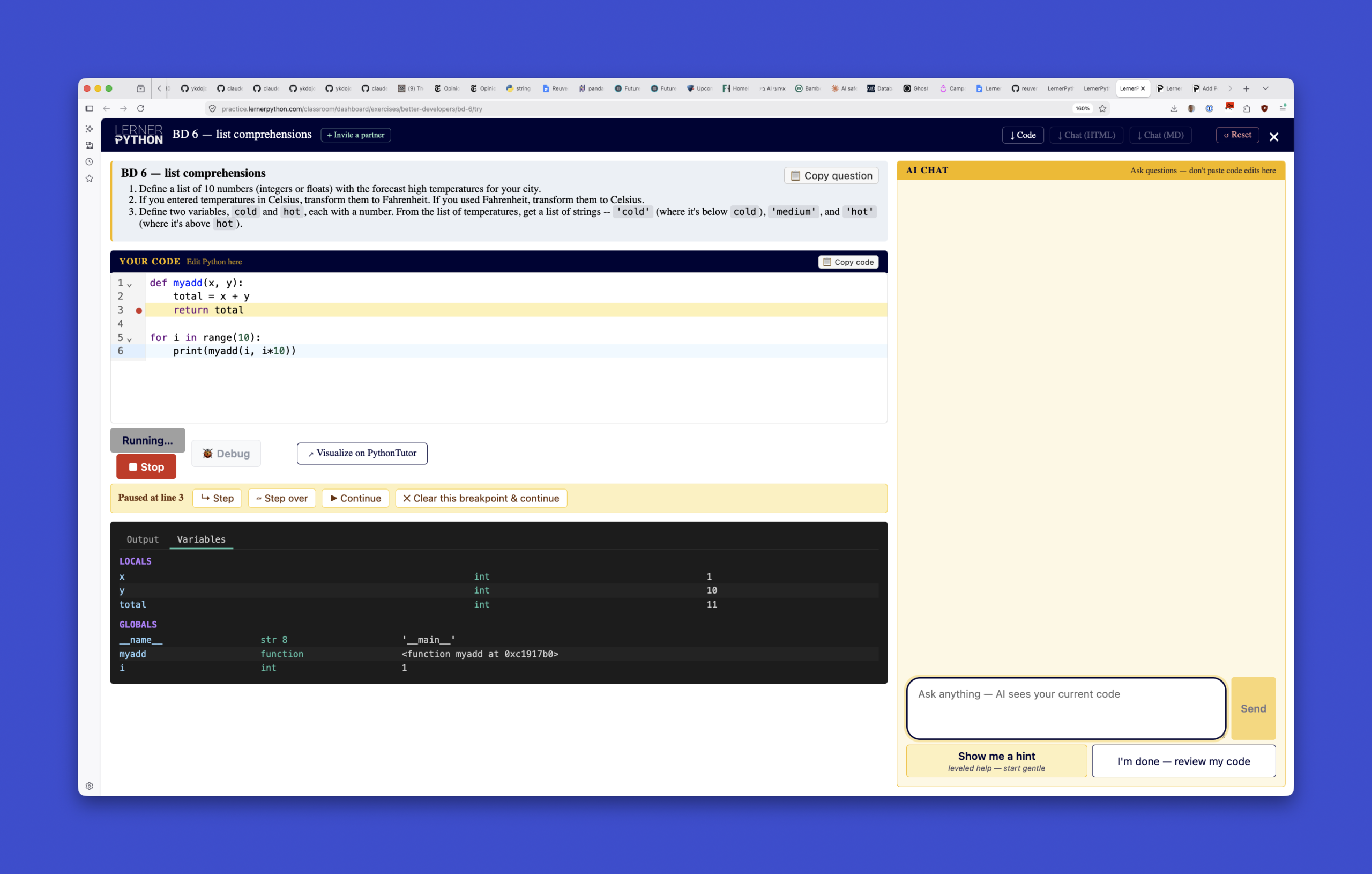 New on the LernerPython practice system: A visual debugger